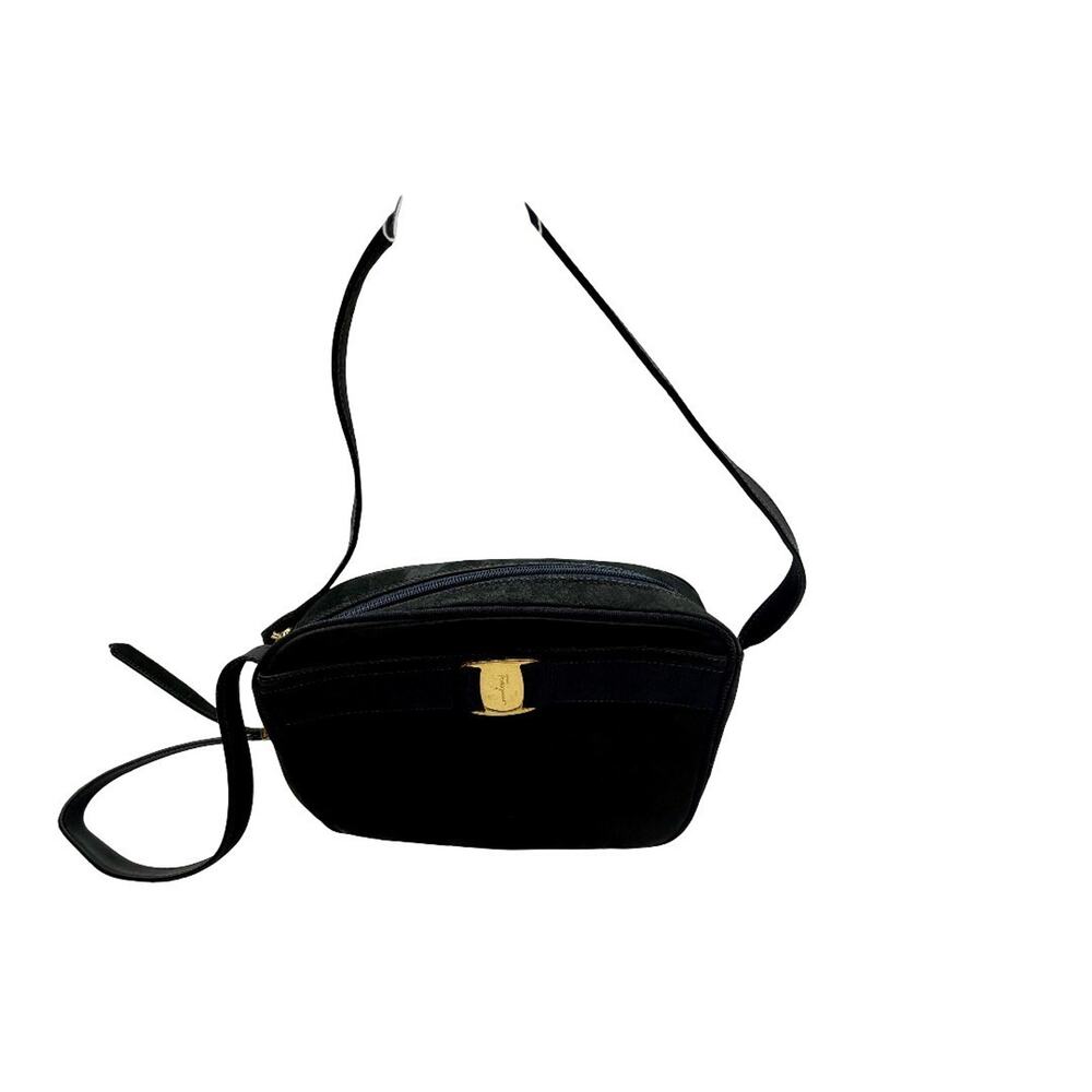 SALVATOR FERRAGAMO Black Ribbon Vara Bow Suede Crossbody Bag Navy Gancini | COA